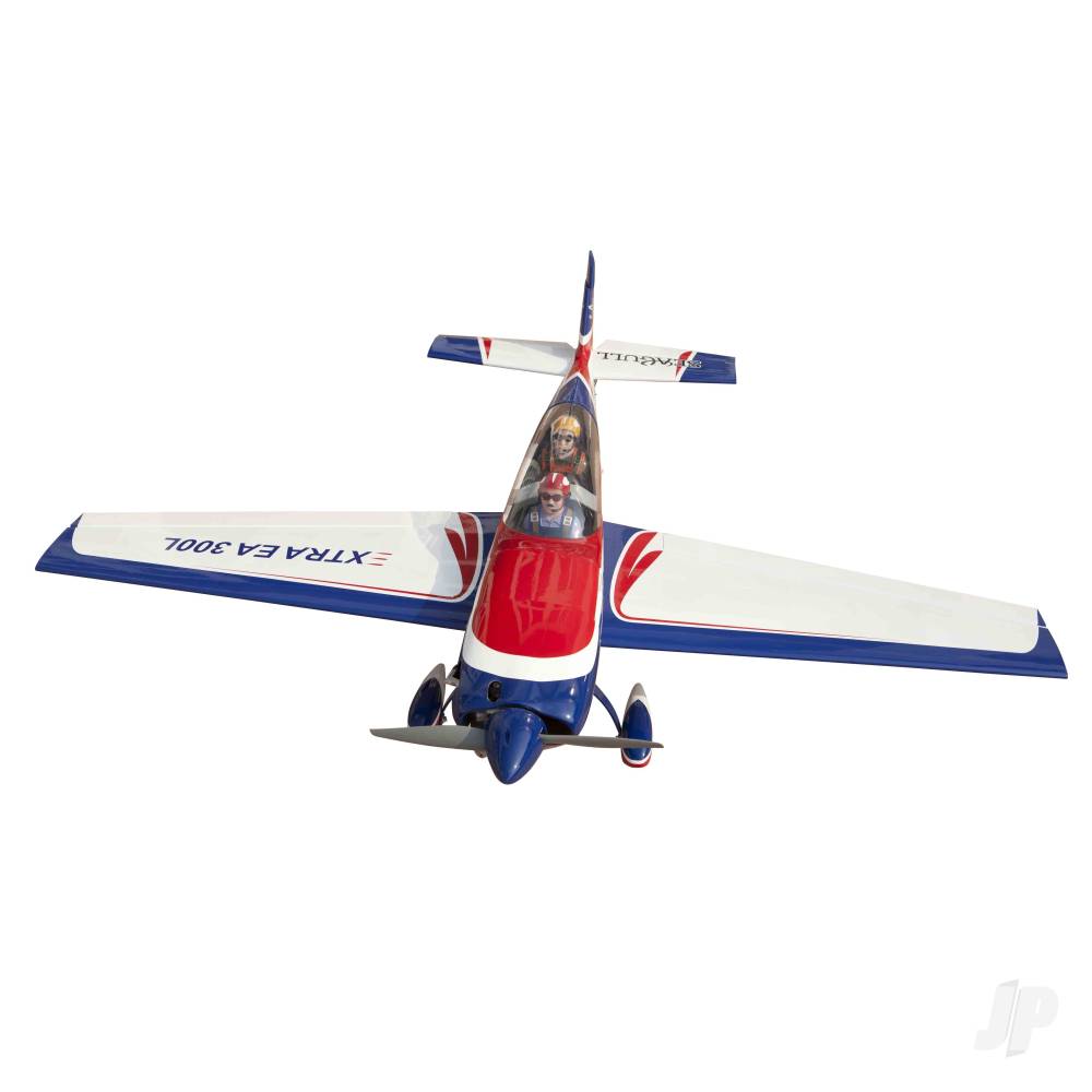 Seagull Extra EA 300L RC aircraft showcasing aerobatic design and pilot figure, top view of the model.