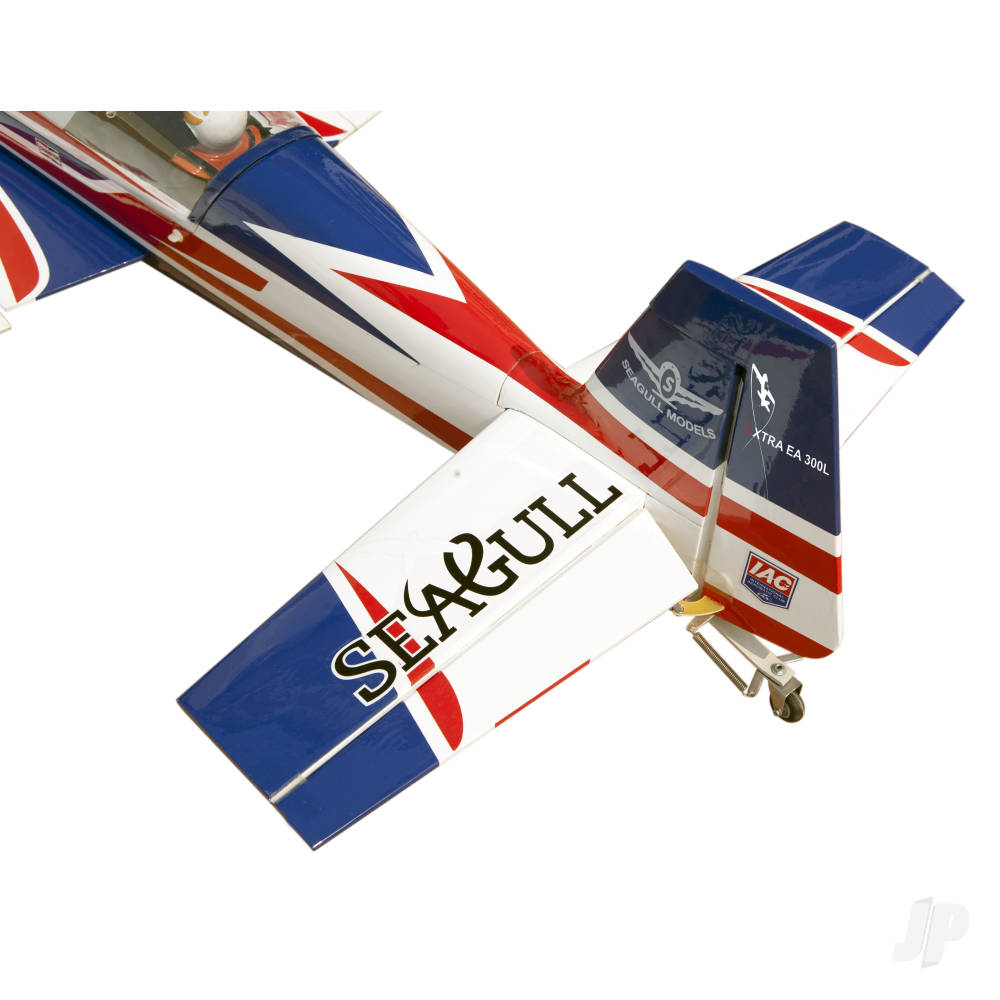 Close-up view of the Seagull Extra EA 300L RC aircraft showcasing its vibrant wing design and branding.