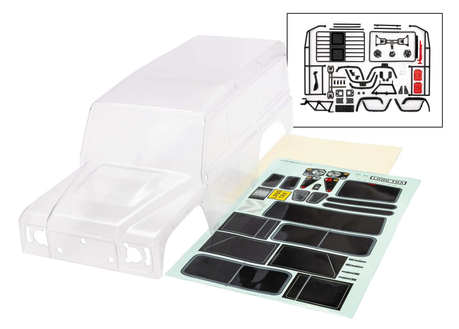 Body, Land Rover Defender, Clear (trimmed, requires painting) (complete with ExoCage, fuel canisters, jack, spare tyre mount & clipless mounting)