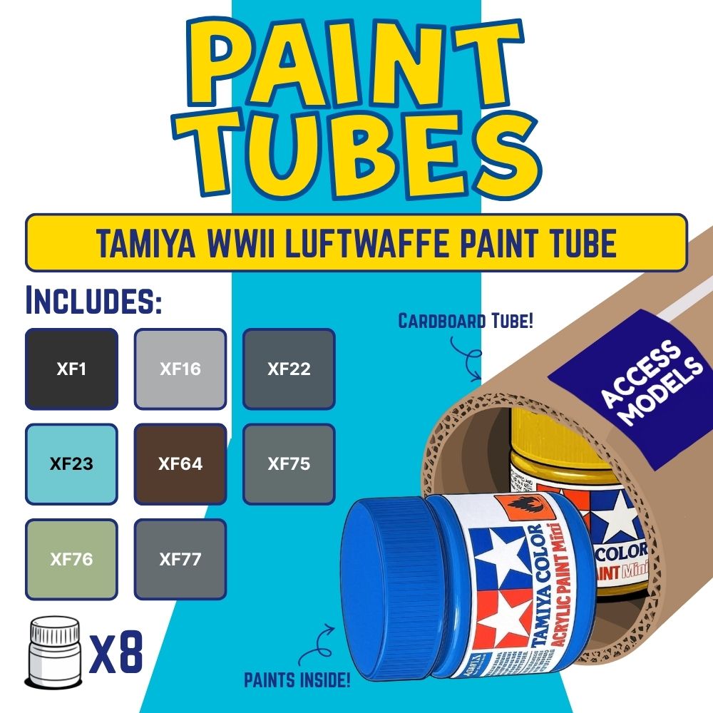 Promotional image of Tamiya WWII Luftwaffe paint tube set with paint colors and packaging details.