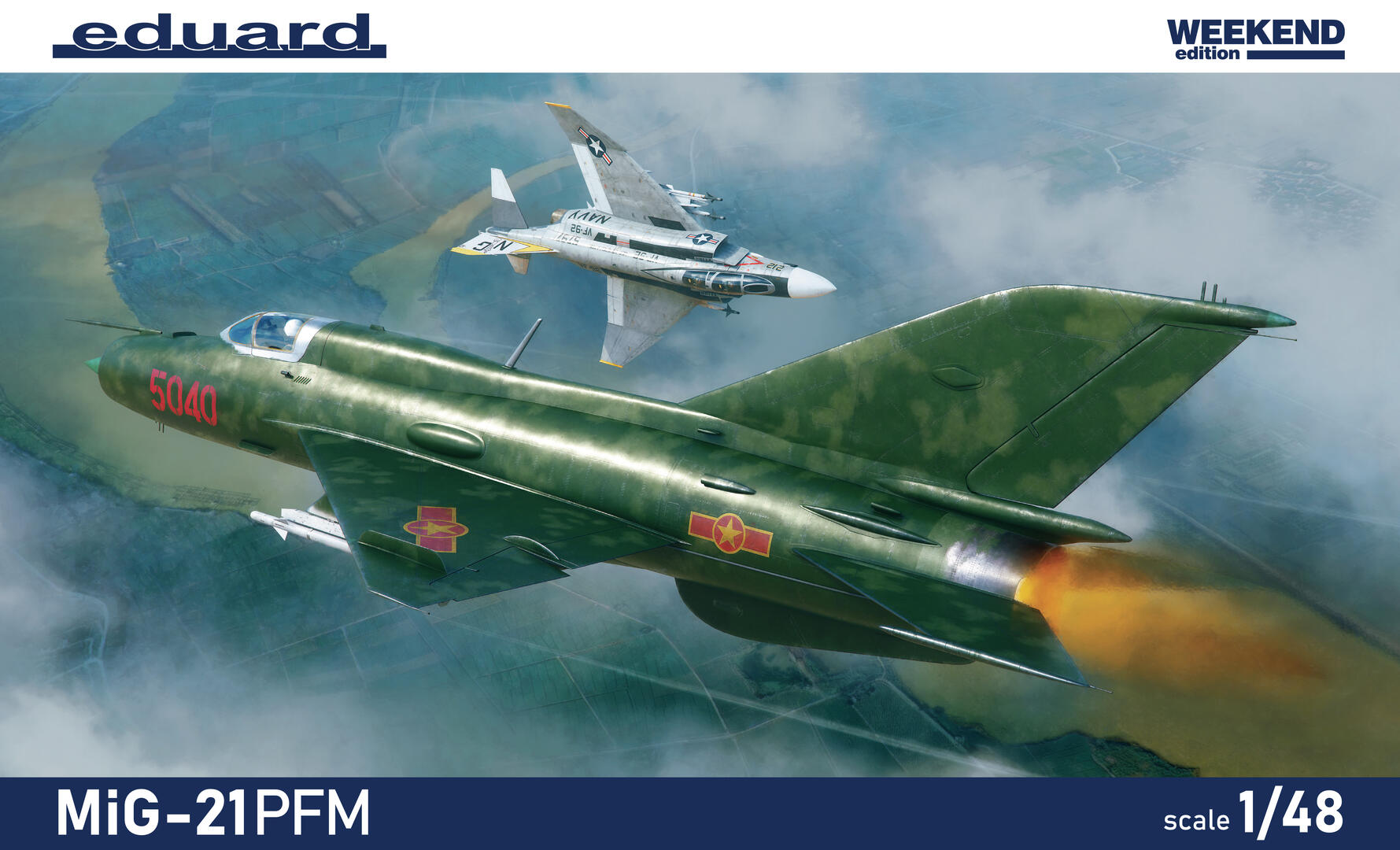 Model kit of a green MiG-21PFM aircraft with 'eduard' branding and 'Weekend edition' text.