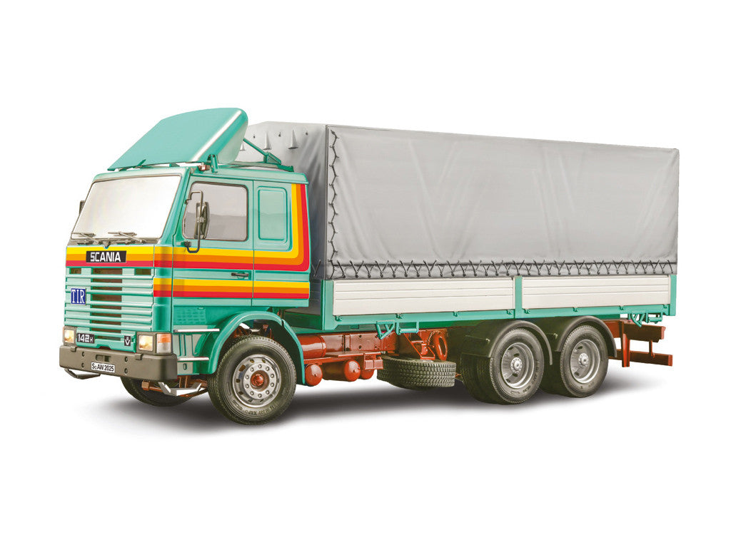 Model truck with colorful stripes on a white background