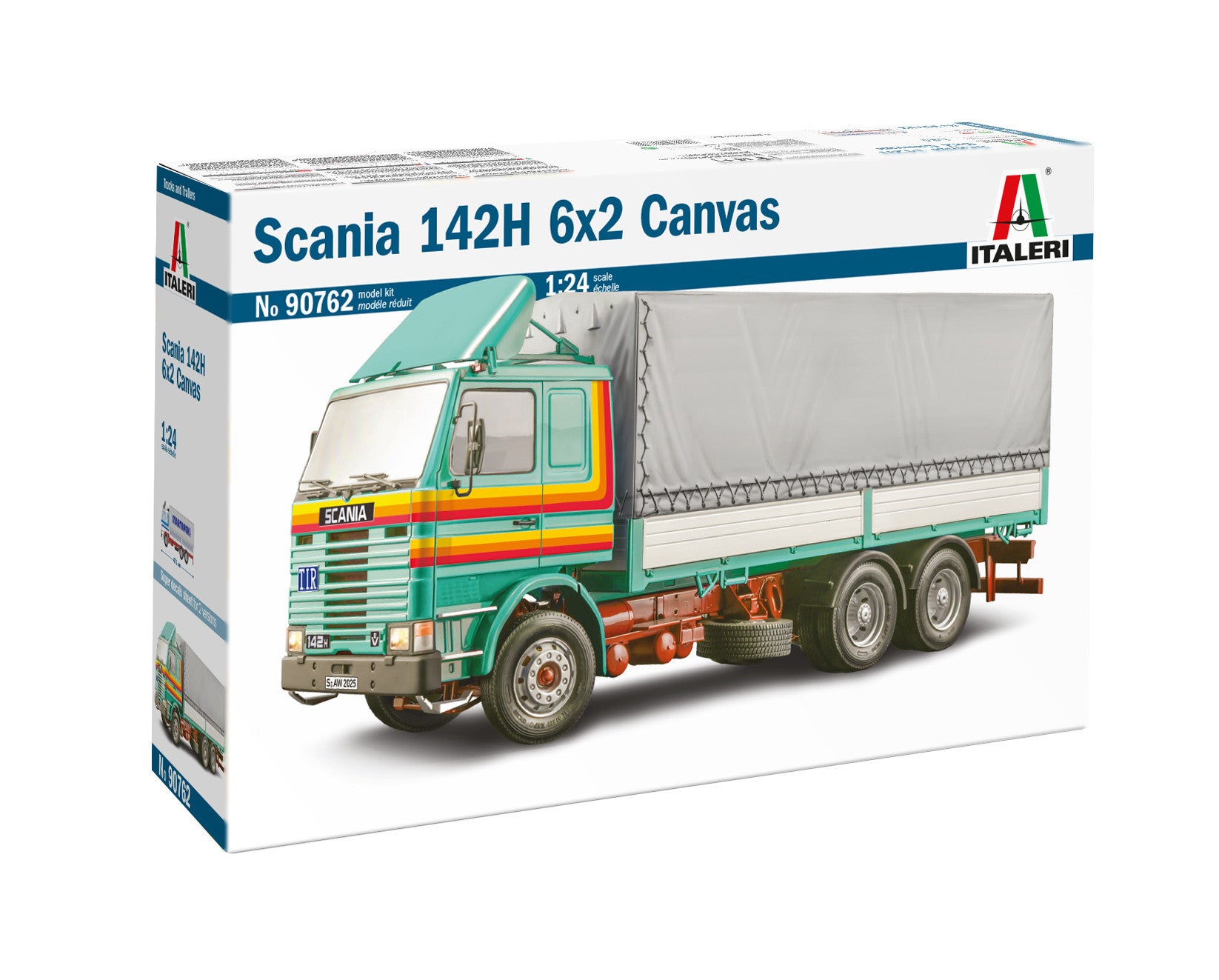 Model truck kit box for Scania 142H 6x2 Canvas by Italeri on a white background