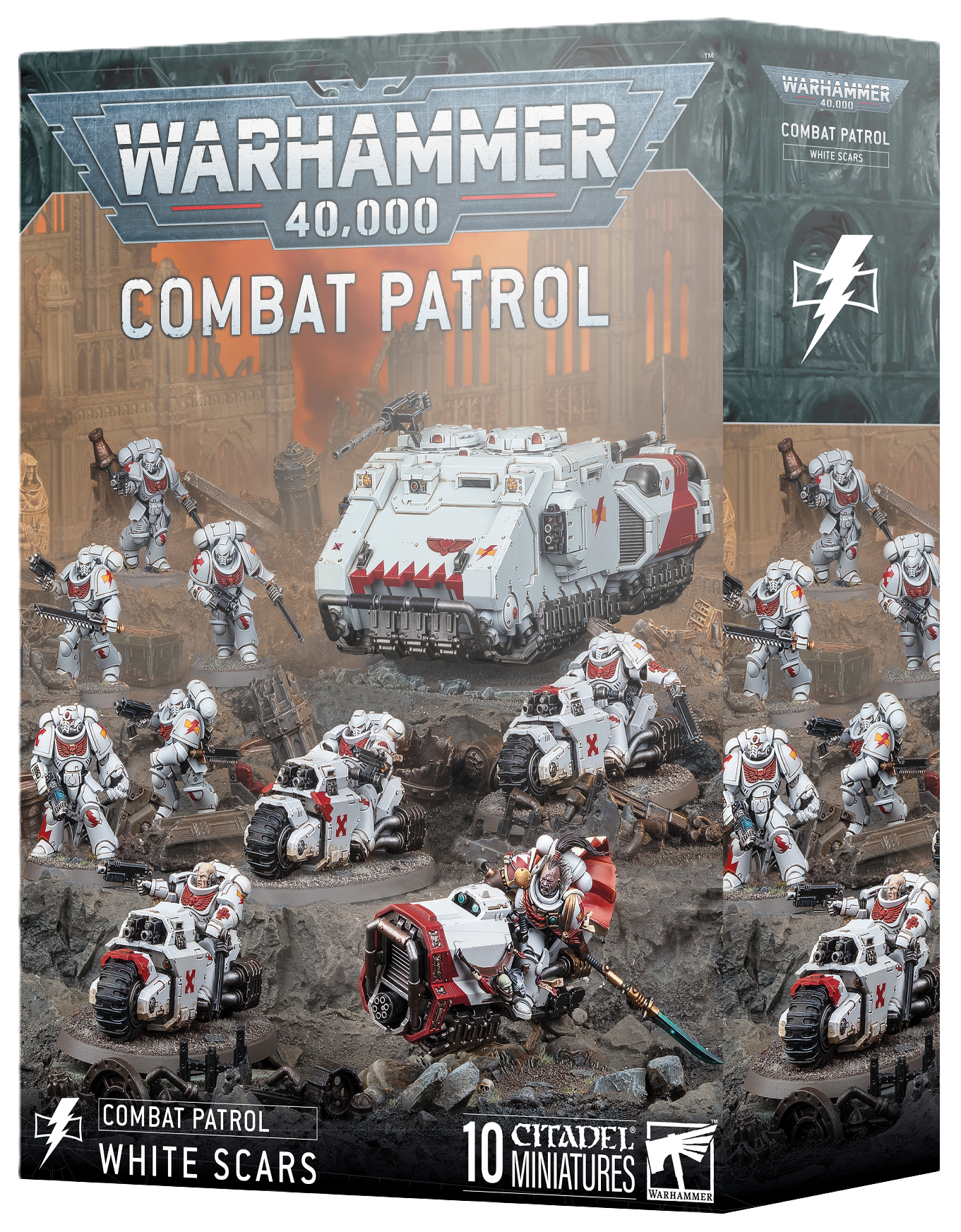Warhammer 40,000 Combat Patrol White Scars game box with miniatures and vehicle