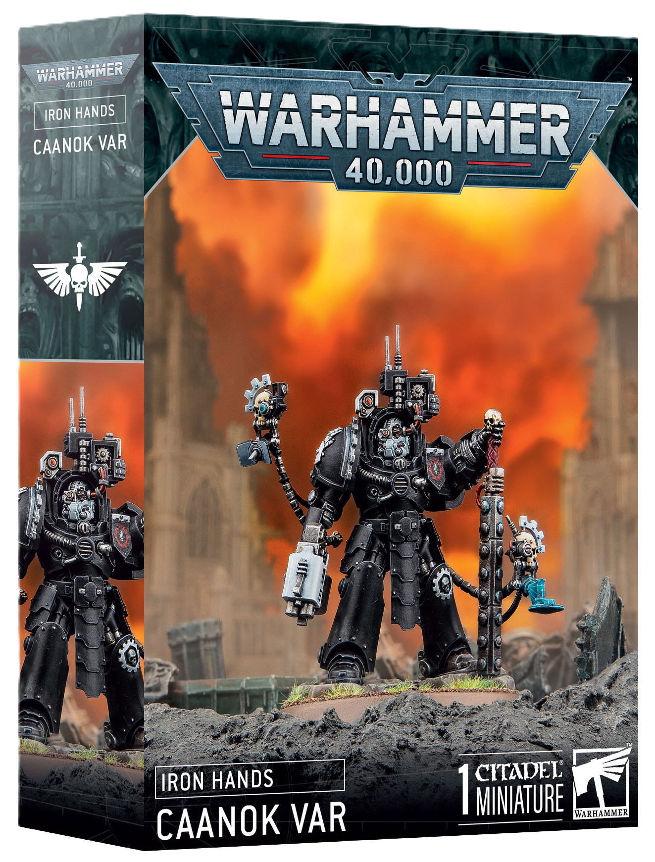 Warhammer 40,000 Iron Hands Caanok Var miniature figure packaging with fiery background