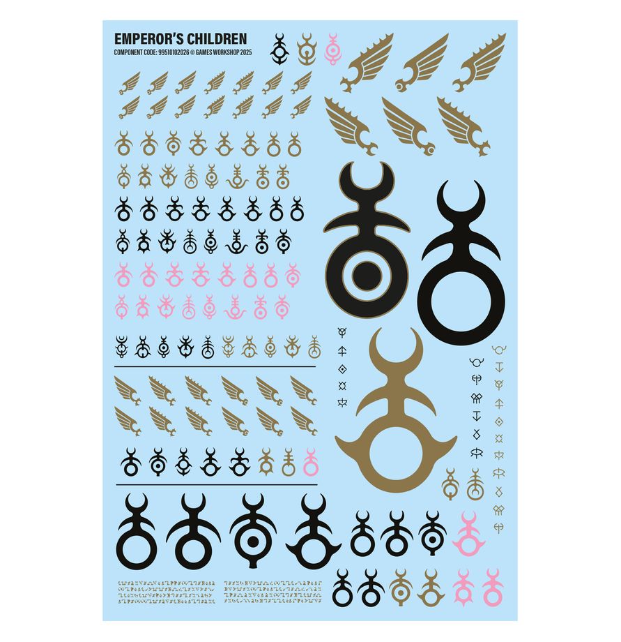 Warhammer Emperor's Children battleforce transfer sheets featuring various symbols and decals.