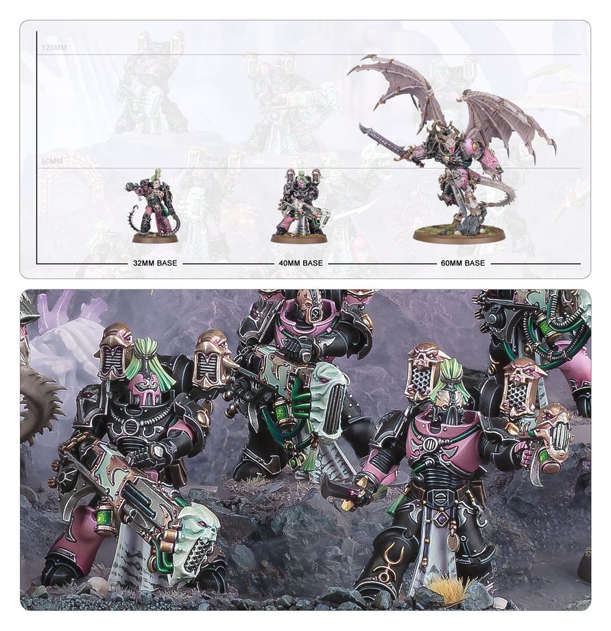 Warhammer Emperor's Children battleforce showcasing Daemon Prince and Noise Marines models on different base sizes.