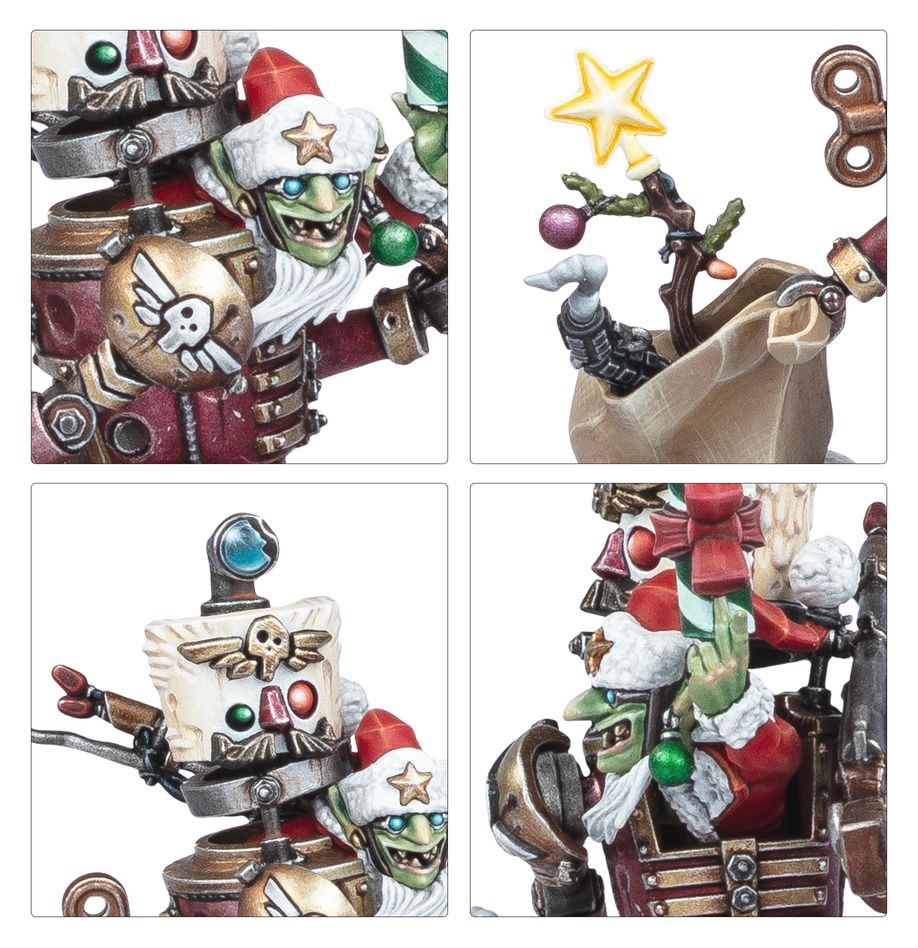 Four panels of a detailed fantasy character with steampunk elements and Christmas decorations.