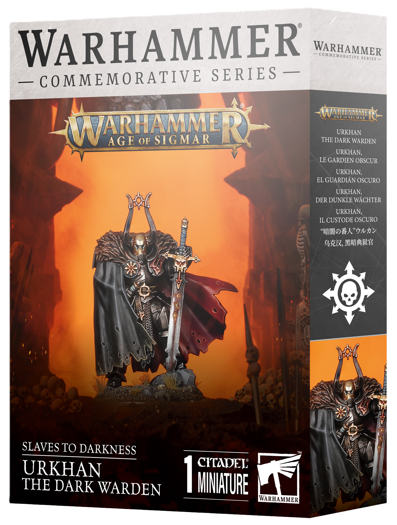 Warhammer Age of Sigmar figurine packaging with a dark warden in a hooded cloak holding a sword.