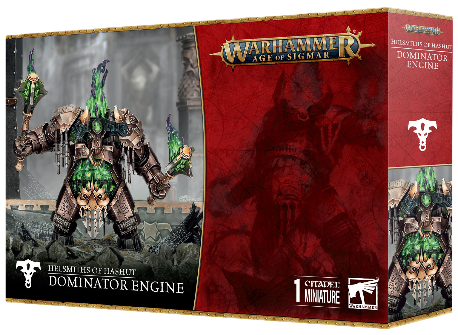 Warhammer Age of Sigmar game box featuring a warrior with green accents and a red background.