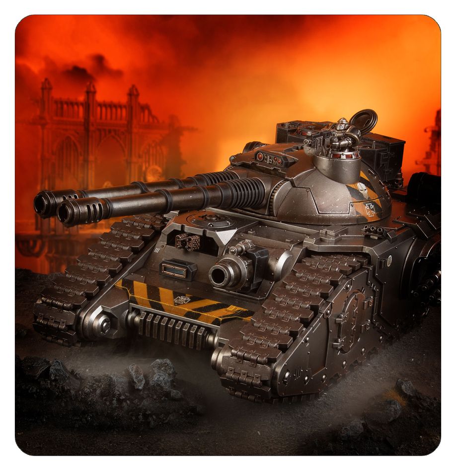 Stylized tank model with a dramatic orange and red background