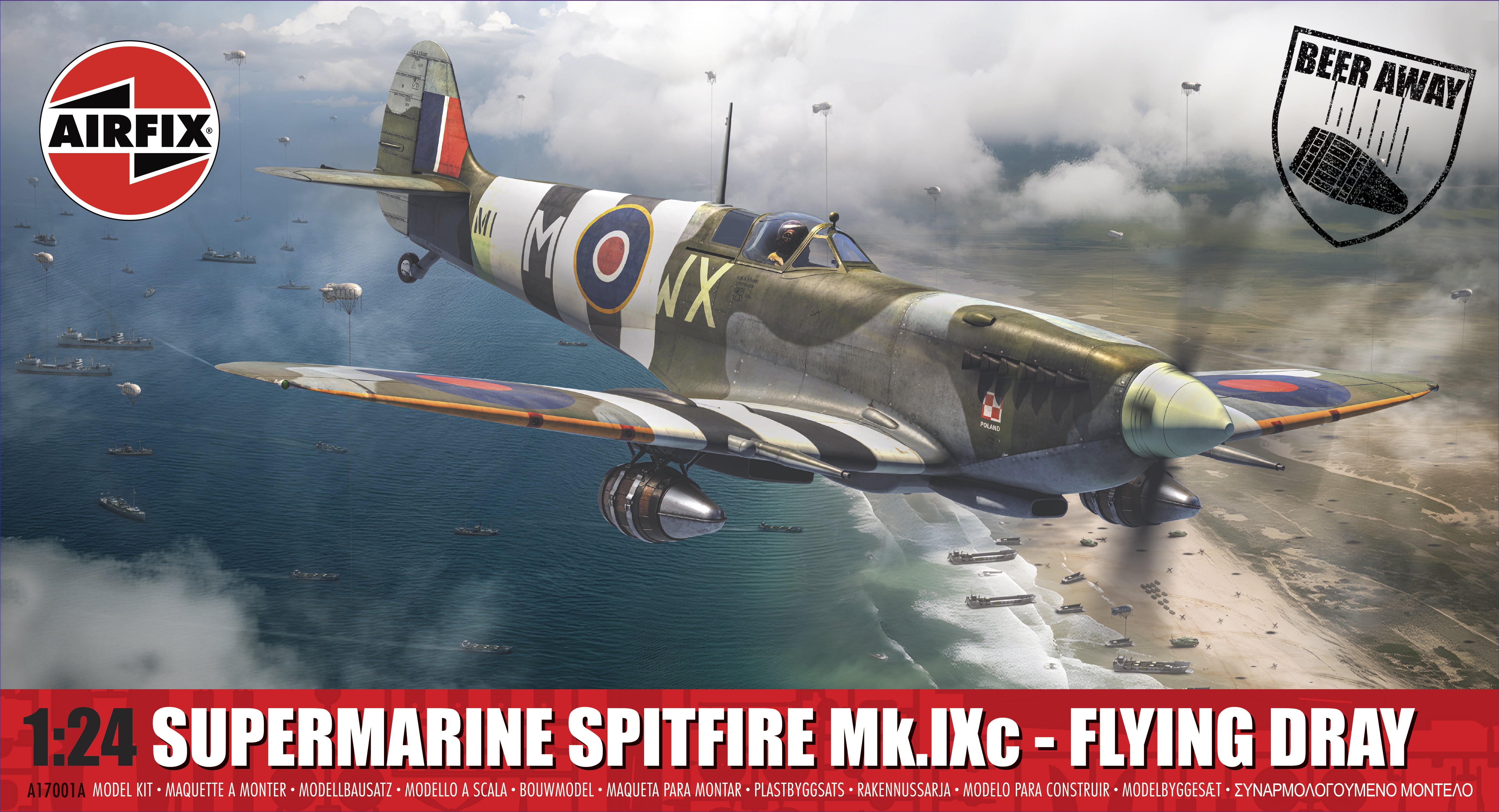 Model kit of a Supermarine Spitfire Mk.IXc airplane with branding and text on a dynamic background.