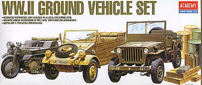 WWII vehicle set. Kubelwagen, Sd.Kfz.2 Kettenkrad , Willys Jeep, jerry cans, crates (WAS AC1310)