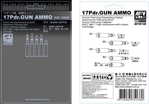 British 17pdr Gun ammunition (designed to be used with Airfix and Bronco Models kits)
