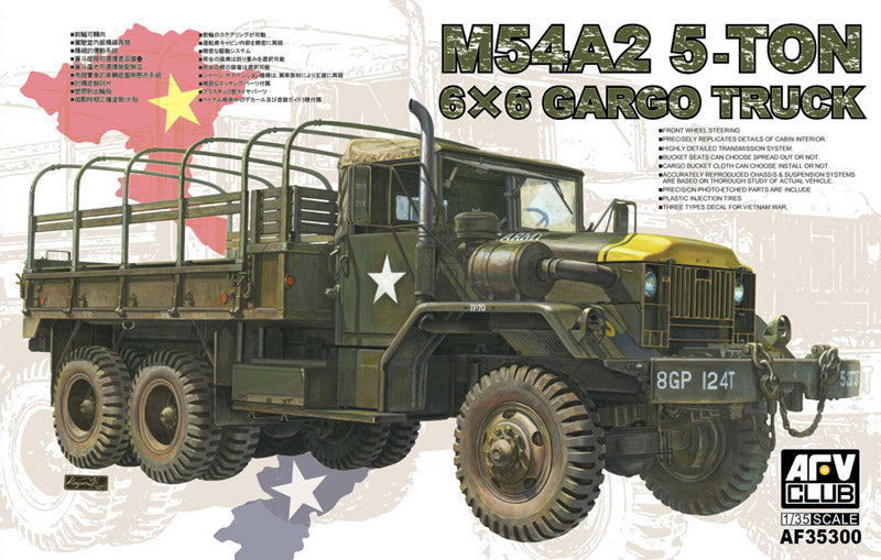 Model of M54A2 5-ton 6x6 cargo truck with detailed text and graphics on a white background