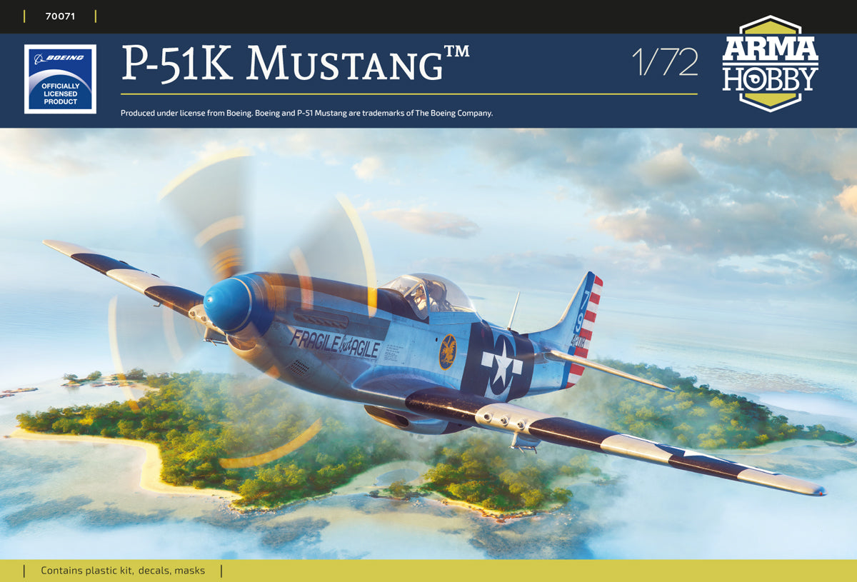 North-American P-51K Mustang This Dallas-built version features a different propeller and a modified canopy. The kit includes three very distinct painting schemes, including one deeply nostalgic option!