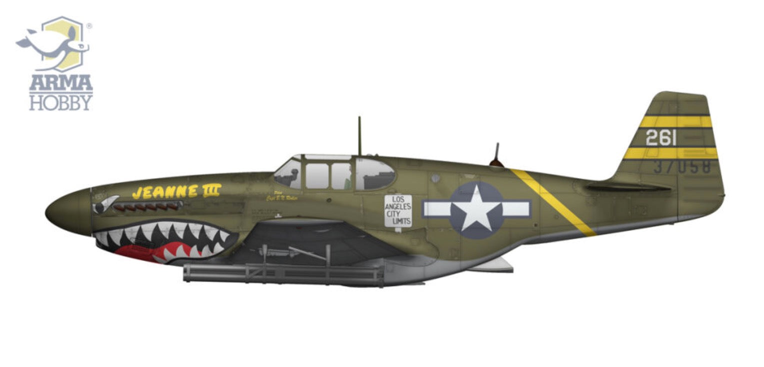 Model airplane with a shark mouth design on a white background, featuring the Arma Hobby logo.