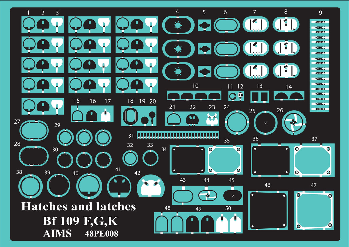 Hatches and latches Messerschmitt Bf-109 (designed to be used with Eduard kits) [Bf-109F-4 Bf-109F-2 Bf-109G-2 Bf-109G-4 Bf-109G-5 Bf-109G-6 Bf-109G-10 Bf-109G-14 Bf-109K]
