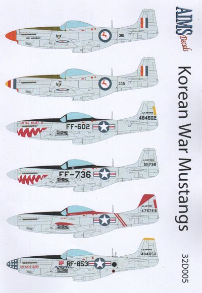 Korean War North-American F-51 MustangsF-51 D 361 of 2 Sqn SAAFF-51 D 335 of 2 Sqn SAAFF-51 D of 12th FBS, 18 FBG flown by Lt J GlessnerF-51 D of 67th FBS, 18th FBG flown by Major A MullinsRF-51 D of 45th TRSqF-51 D of 12th FBS