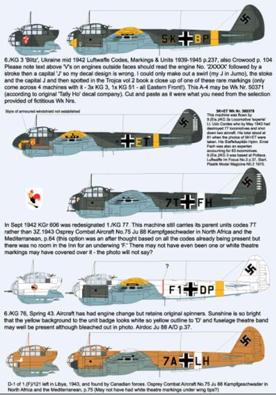 Junkers Ju-88A-4 A-4 5K+BP of 6./KG 3, Ukraine 1942C-6 5K+ET of 9./(Eis.)/KG 3 flown by Lt. Udo Cordes, Poltava 1943A-4 7T+FH of 1./KG 77, September 1942A-4 F1+DP of 6./KG 76, Russia 1943D-1 7A+LH of 1.(F)/121, Libya 1943