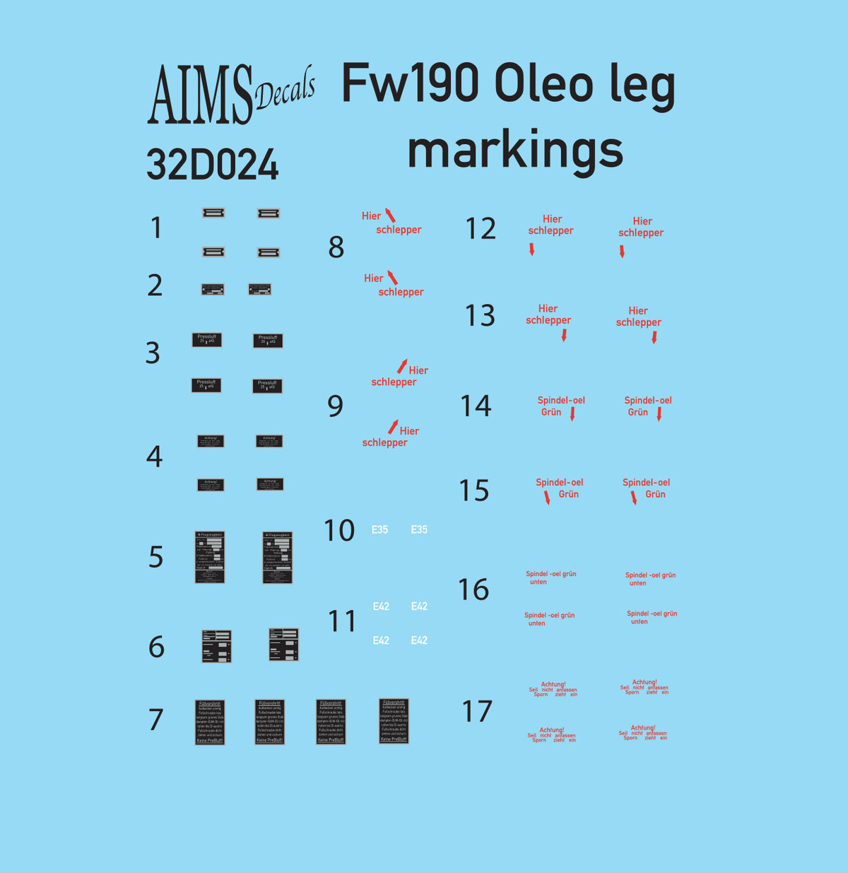 Focke-Wulf Fw-190A/Fw-190F/Fw-190D oleo leg markings for 2 aircraft. These are not included in the Hasegawa or Revell kits. Also includes a manufacturers plate for the control stick.
