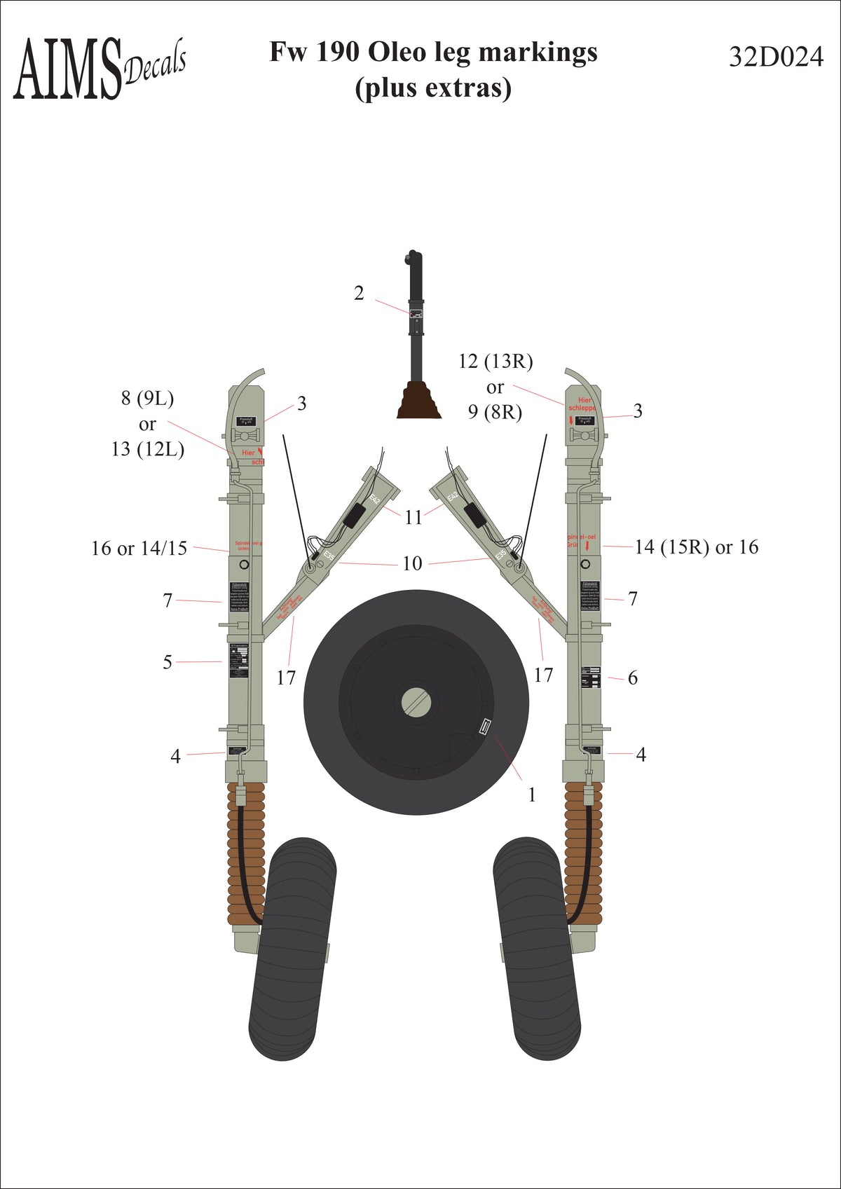 Focke-Wulf Fw-190A/Fw-190F/Fw-190D oleo leg markings for 2 aircraft. These are not included in the Hasegawa or Revell kits. Also includes a manufacturers plate for the control stick.