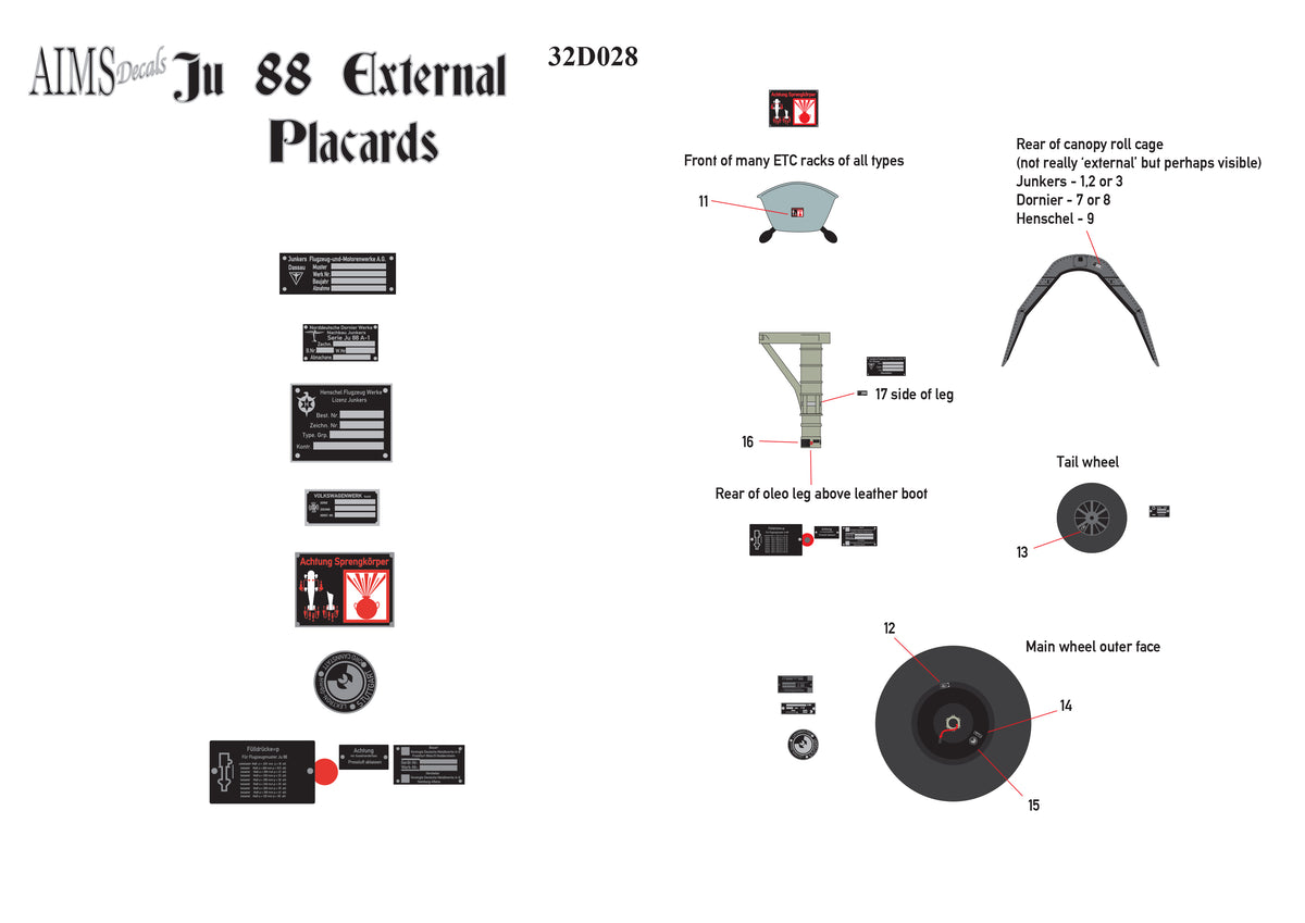 Junkers Ju-88 External Placards (designed to be used with Revell Ju-88A-1 and Ju-88A-4 kits plus any AIMS conversion kits)