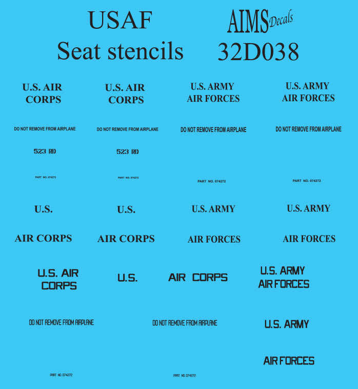 USAF seat stencils - use lower pack stencils only on bombers