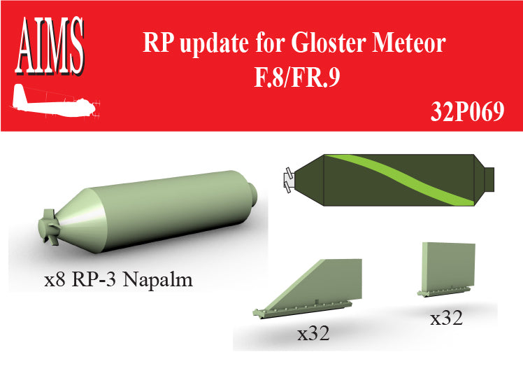 RP update for Gloster Meteor F.8/FR.9. (32x RP-3 Napalm 60 LB post war flights / 32x RP-3 60 LB revised angled flights / 8x RP-3 Napalm) (designed to be used with Revell kits)