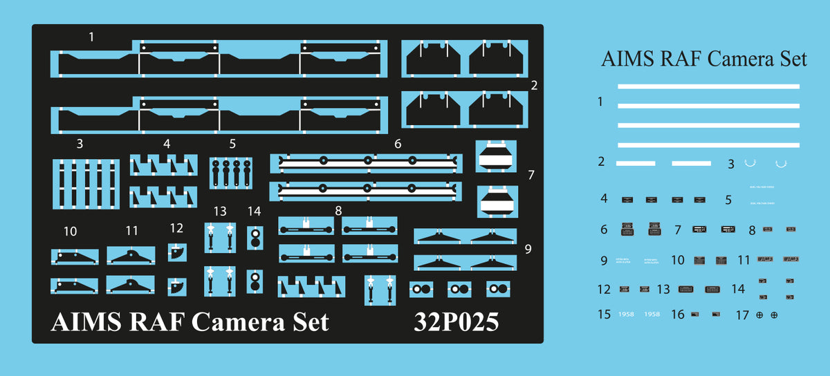 RAF Camera set - includes 2x F8's, 2x F24's, 2x F52's, 2x Camera controls, 2x Camera selector boxes, 1x PE, 1x decal slipFor WW II British Photo Reconnaissance aircraft