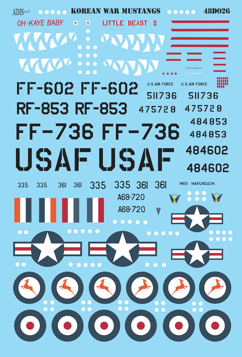 Korean War North-American P-51D Mustangs. Includes RSAAF x 2 inc 'Miss Marunochi', USAAF x 4 inc OH-KAYE BABY' and 'LITTLE BEAST II'