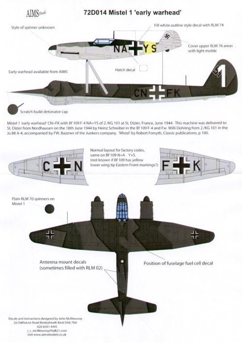 Mistel 1 with Early Warhead (1) Messerschmitt Bf-109F-4 NA+YS 2/KG101 above Junkers Ju-88A-4 CN+FK
