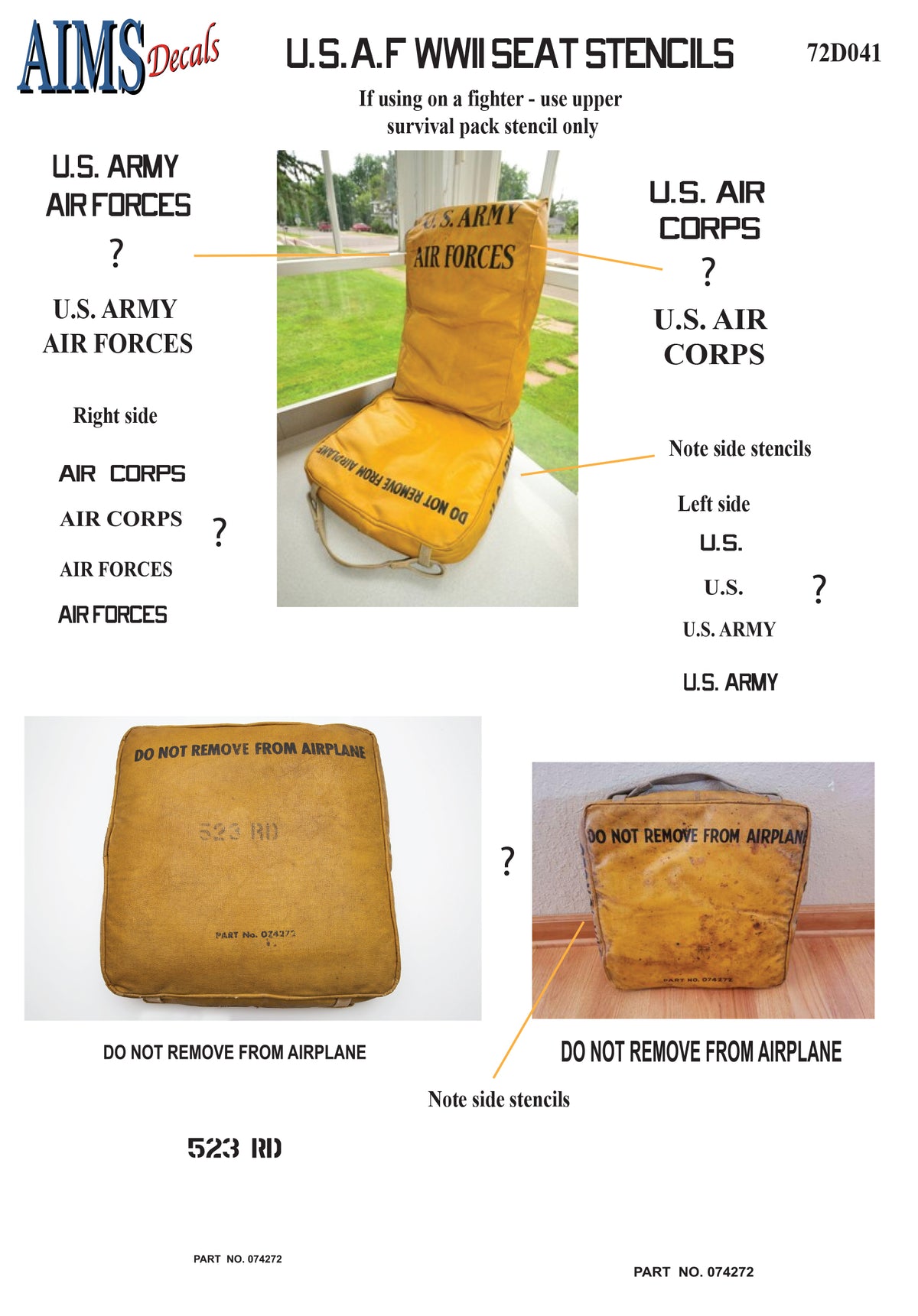 USAF seat stencils - use lower pack stencils only on bombers