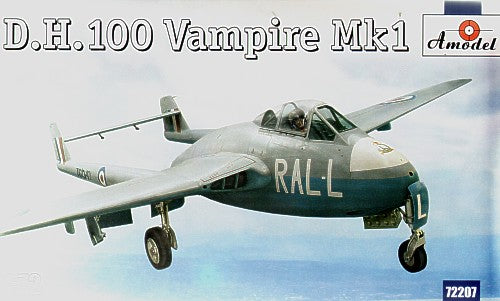 de Havilland DH.100 Vampire Mk.1 New mould. With decals for 3 aircraft, TG297 ZY-C 247 Sqn 1946; VF306 AP-V 130 Sqn Odiham 1947; TG342 RAL-L 605 'County of Warwick' Sqn 1948 all in different camouflage schemes.