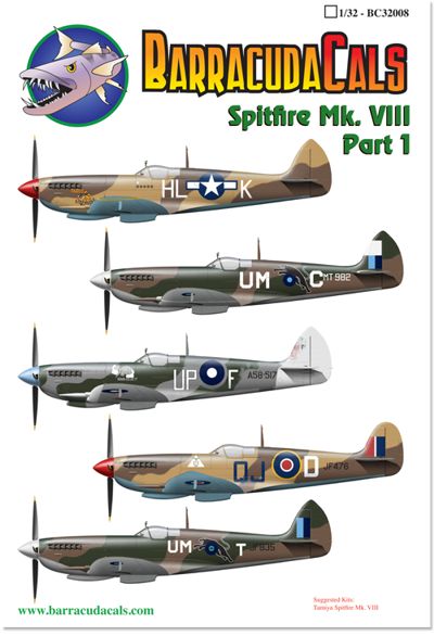 Supermarine Spitfire Mk.VIII Part 1 (6) USAAF HL-K 31st FG, 15th Air Force Italy 1944; RAF SEAC MT982 UM-C ; JF835 UM-T both 152 Sqn Burma 1943; JG 183 RD-S 67 Sqn India 1944; A58-517 (ex MT594) UP-F 79 Sqn RAAF Indonesia 1945 white tail;