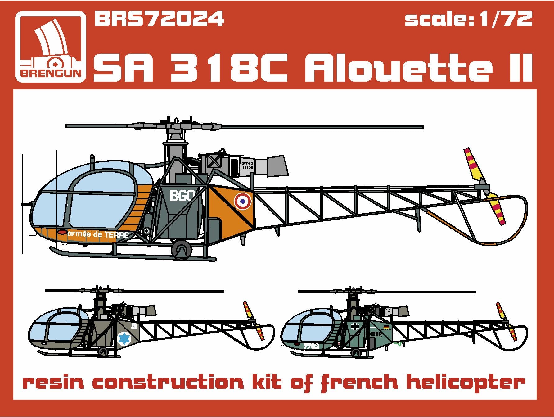 BACK IN STOCK!!! Aerospatiale SA 318C Alouette II (made of resin, injection plastic, vac formed plastic and etched parts) Decals for France, Germany and Israel.