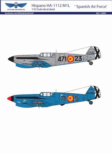 Hispano HA-1112M1L Buchon Spanish Air Force decal sheet (designed to be used with Hasegawa kits) [Messerschmitt Bf-109G-2, Bf-109G-4, Bf-109G-6]