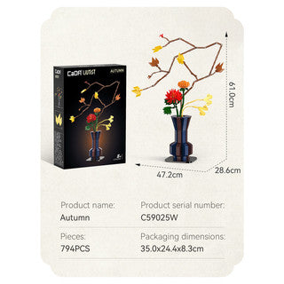 CaDA Oriental Floral Art Autumn set - 794 pcs - C59025W showcasing vibrant floral design and packaging dimensions.