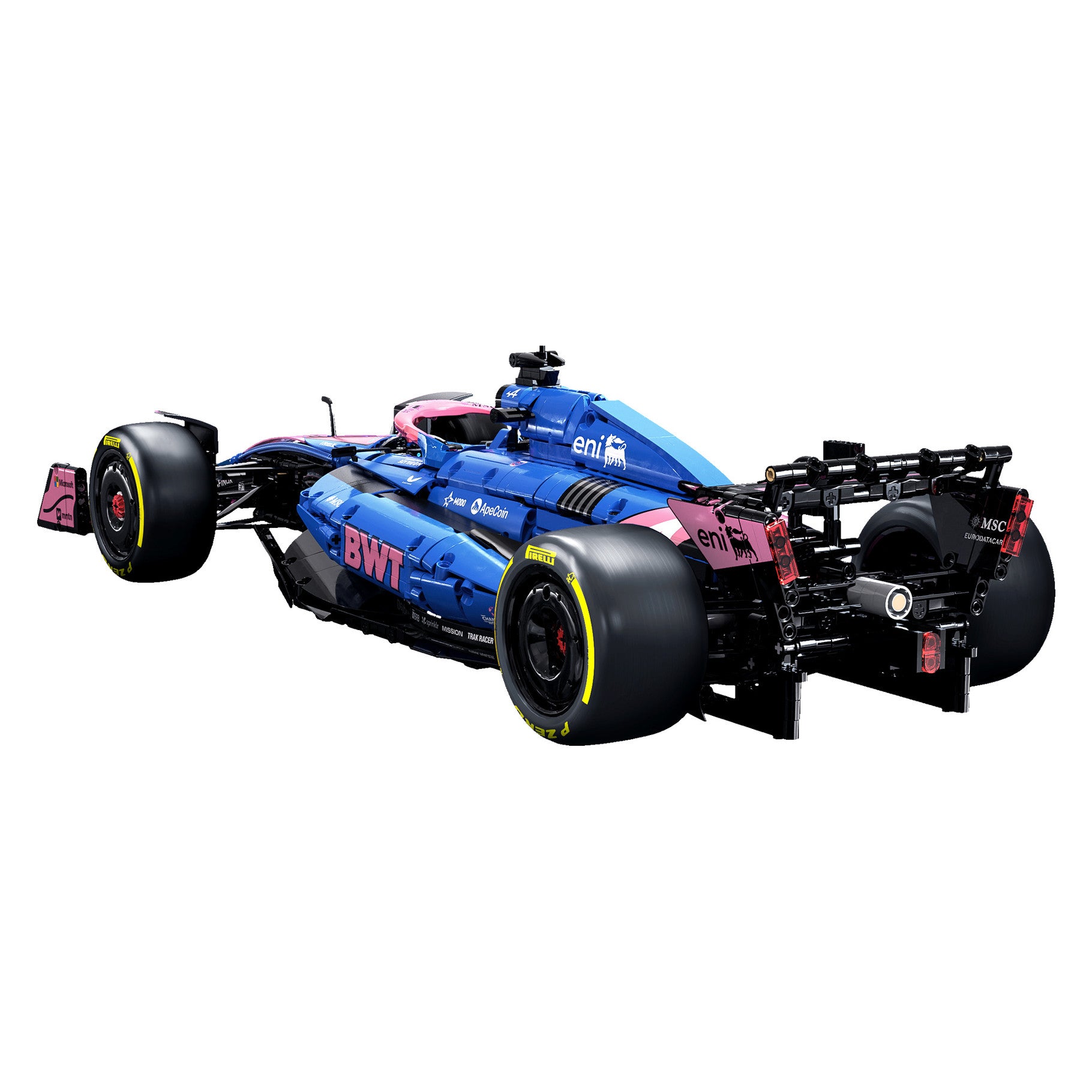 BWT Alpine F1 Team A525 model car in blue and pink colors, featuring detailed design and visible components.