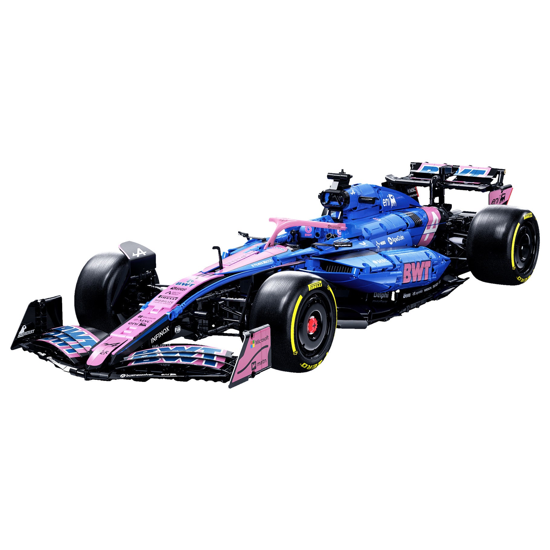 BWT Alpine F1 Team A525 model car displaying a detailed blue and pink design with working parts and visible V6 engine.