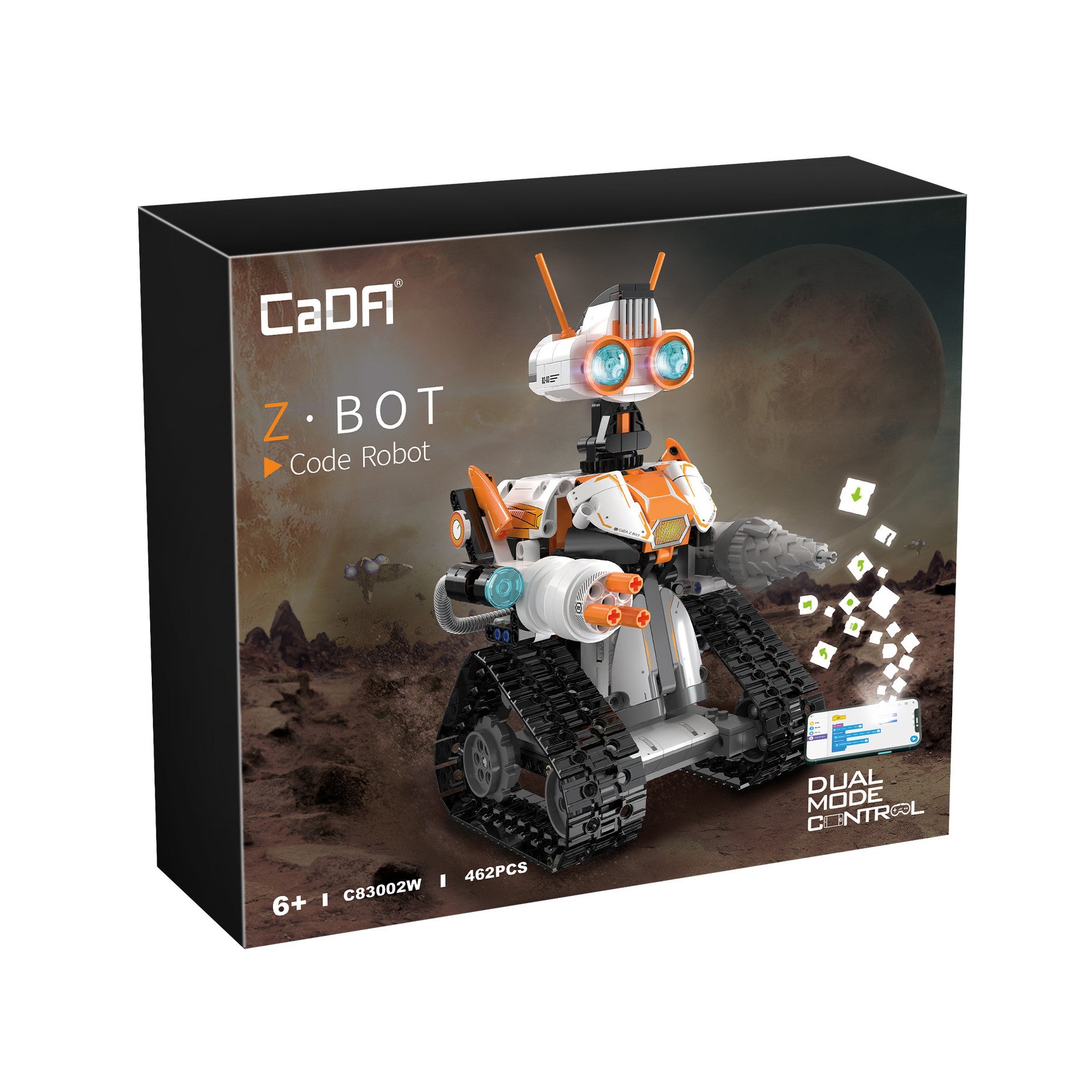 Boxed Z-Bot Code Robot by Cada with robot illustration on a dark background