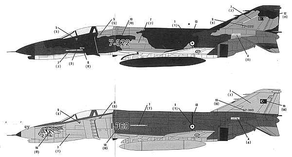 McDonnell F-4E Phantom (4) Turkish Air Force 7-022 171 Filo SEA camouflage schemes 1992; I-360 111 Filo Hill grey camouflage schemes 1993; 5-0256 Iranian Air Force 1977; 69-480 117 Wing Greek Air Force 1997