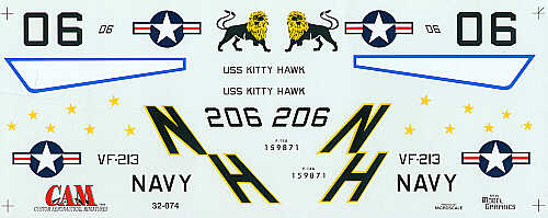 Grumman F-14A Tomcat 159871 NH/206 VF-213 Black Lions USS Kitty Hawk. Overall gull grey/blue rudders