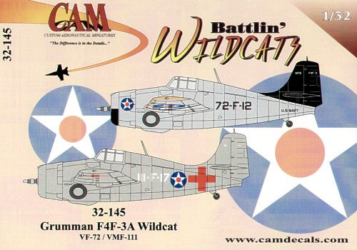 Grumman F4F-3A Wildcat (2) 72-F-12 VF-72 USS Wasp 1941 Yellow wings/black tail; 11-F-17 VMF-111 Navy Wargames 1941 with red crosses. Overall light gull grey