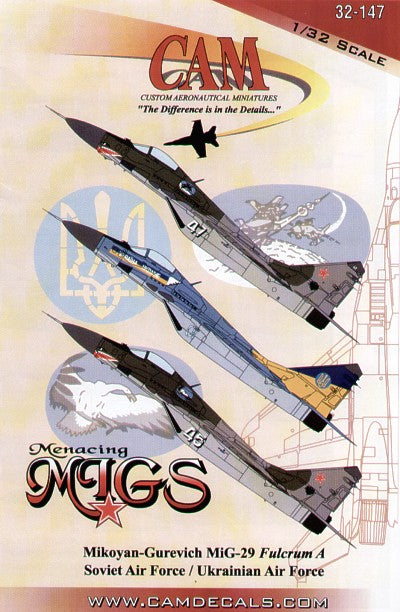 Mikoyan MiG-29 'Fulcrum' (3) White 45 and White 47 120th IAP Soviet Air Force 1993 with shark mouth; Ukranians Knights Demo Team. Lt and Dark blue/yellow/light grey paint scheme [MiG-29A MiG-29K MiG-29M Fulcrum]