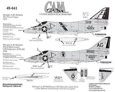 Douglas A-4C Skyhawk (2) 148562 AG/603 VA-64 USS Independence; 145118 JE/00 VC-2 1974