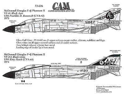 McDonnell F-4J (2) 155847 AE/110 VF-41 Black Aces USS FDR; 155882 NH/100 CAG VF-213 Black Lions USS Kitty Hawk Models 1974