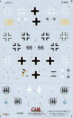 Messerschmitt Bf-109G-6 (4) Yellow 280 Unknown Training Unit; Black 66 Lt Molnar Hungarian Air Force 1944; JG 5 Major Carganico Finland 1943; White 365 365 Sqn 150 Gruppo Italian Air Force 1943