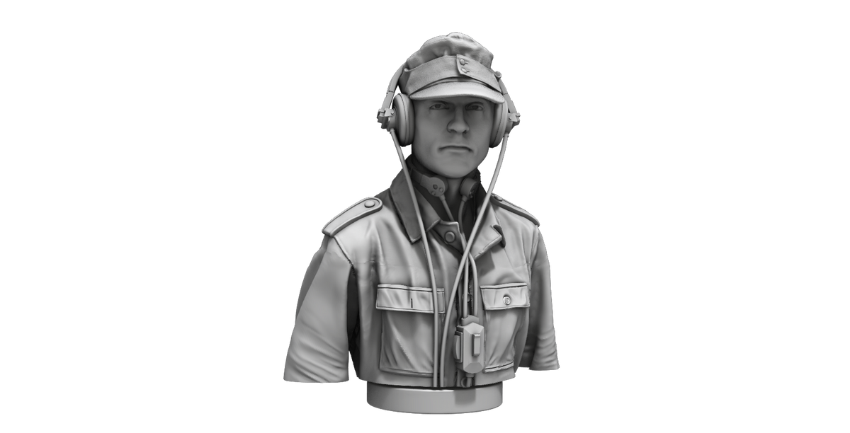 German Tank Crew (Driver) Half Figure. 3D-printed and highly detailed half figure of a German tank driver that fits to an open crew compartment hatch.