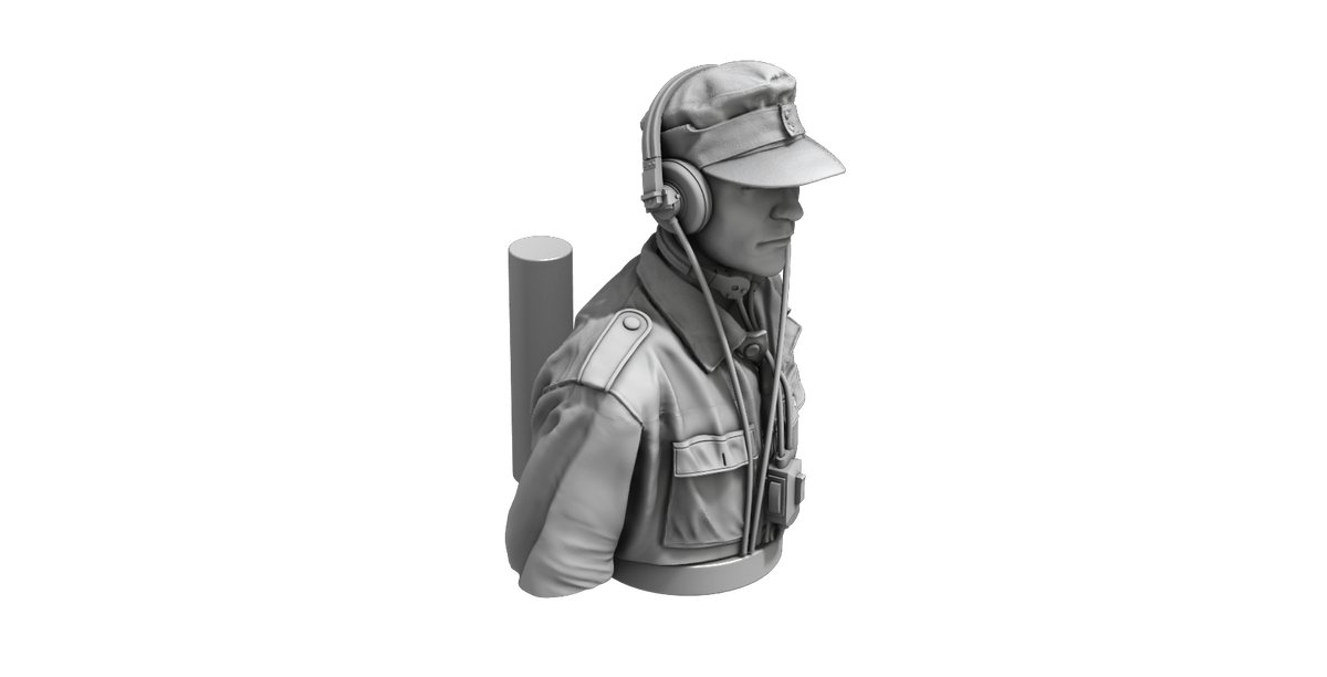 German Tank Crew (Driver) Half Figure. 3D-printed and highly detailed half figure of a German tank driver that fits to an open crew compartment hatch.